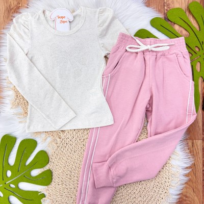  Conj. Blusa Manga Longa de Linho com Laço de Strass e Calça de Moletom - Areia e Rose